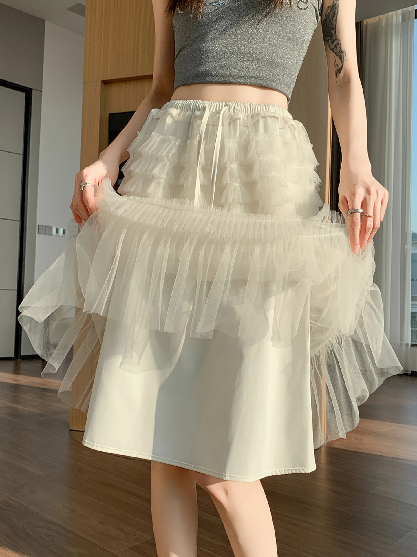 

Молочно-белая юбка-миди для женщин, новая весенняя модель, с эластичным поясом, пышная, А-силуэт, в корейском стиле, для повседневной носки