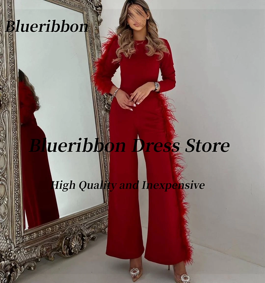 Blueribbon Cool Girls Wear Jumpsuits for Evening Party Long Sleeves Feathers Luxury Prom Dresses Zipper Back Pnt Suits Vestidos