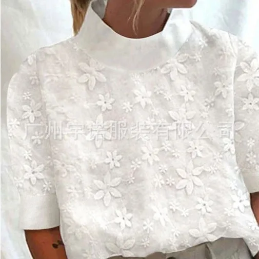 

Легкая модная женская рубашка из льна и хлопка с изящным вышитым воротником, дышащая блузка с коротким рукавом