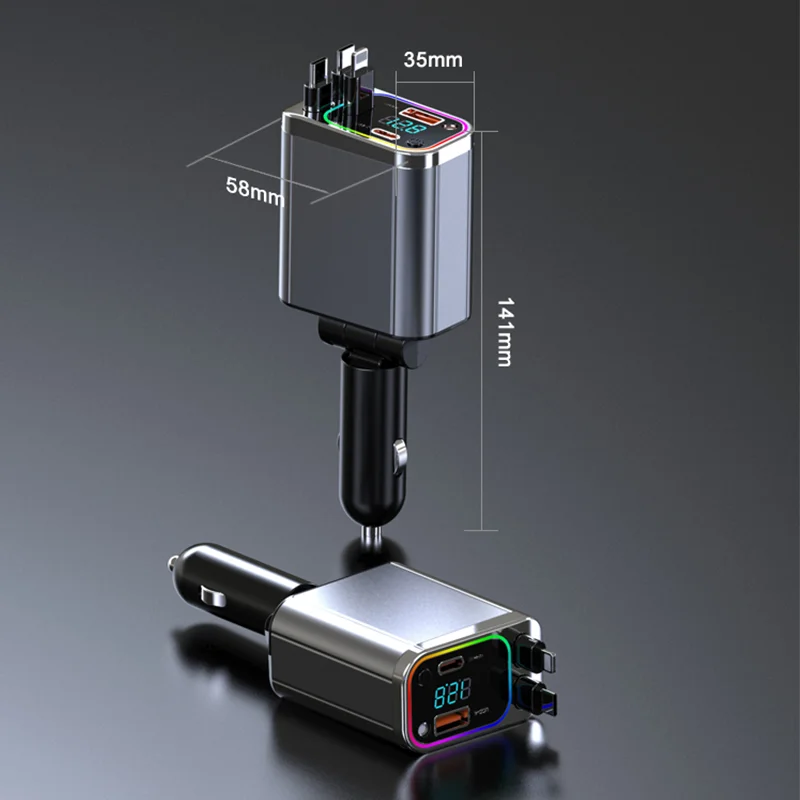 Car Charger with Built-in Retractable Cable Type C L Fast Charging Starry Sky Top Ambient Light for iPhone and Android