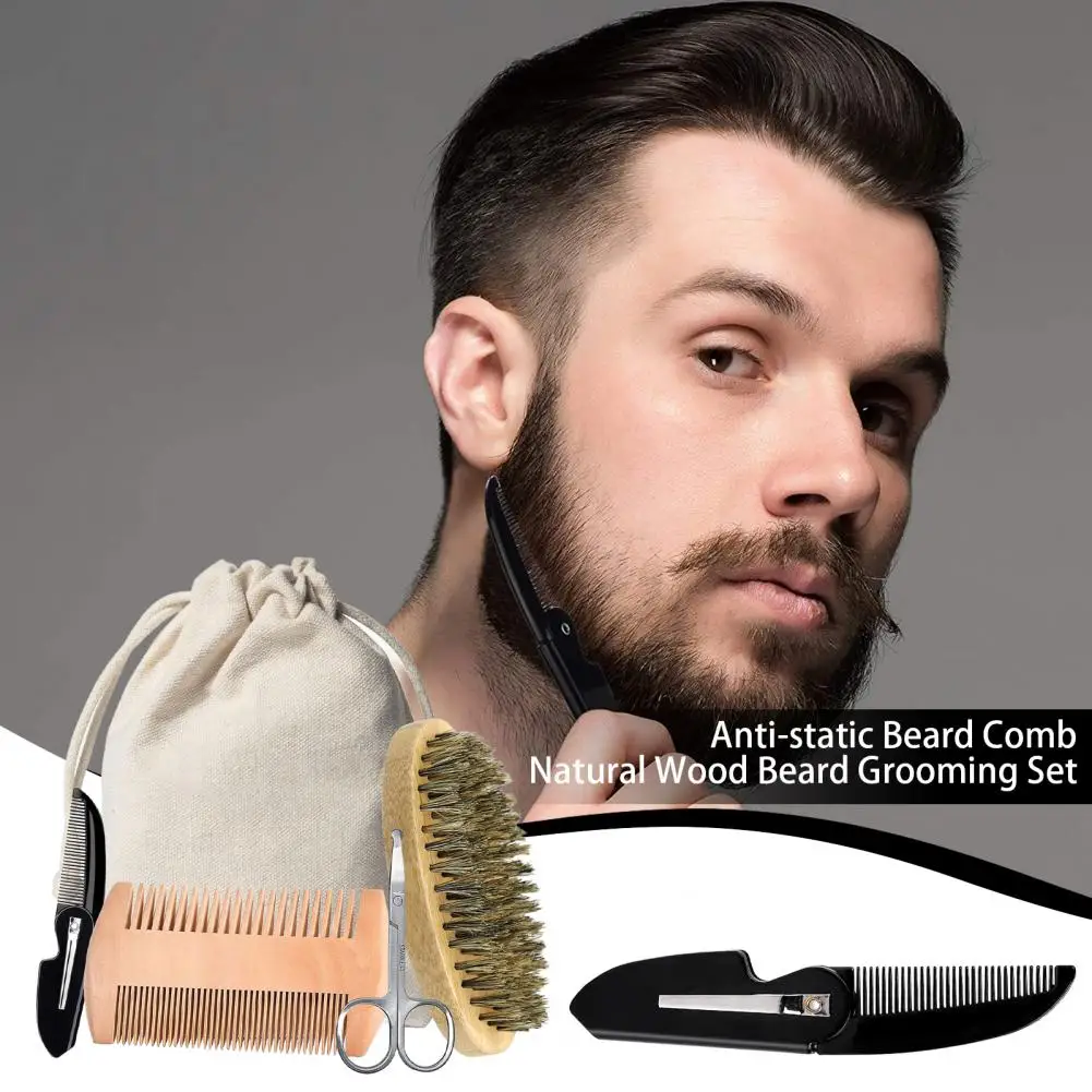 3/5Pcs Men Beard Grooming Kit With Boar Bristles Oval Brush Foldable Wooden Comb Scissors Storage Bag Men Mustache Care Kits