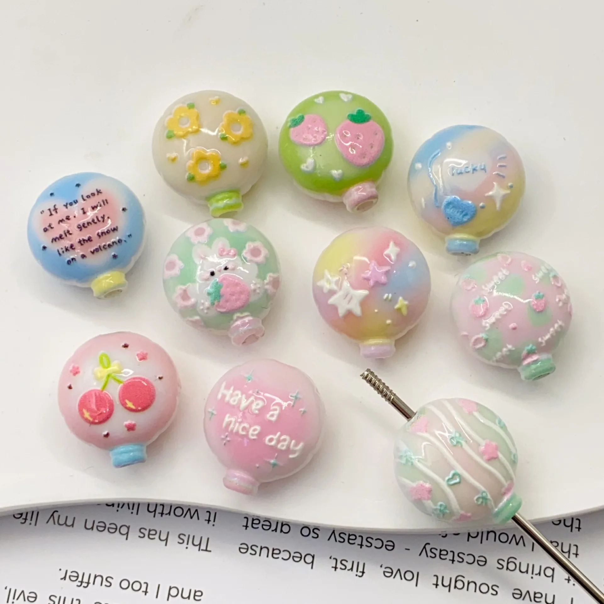 10pcs Through Hole Beads Double Sided Embossed Flower & Hot Air Balloon DIY Accessories for Pen Phone Chain Keychain Ornaments view 2