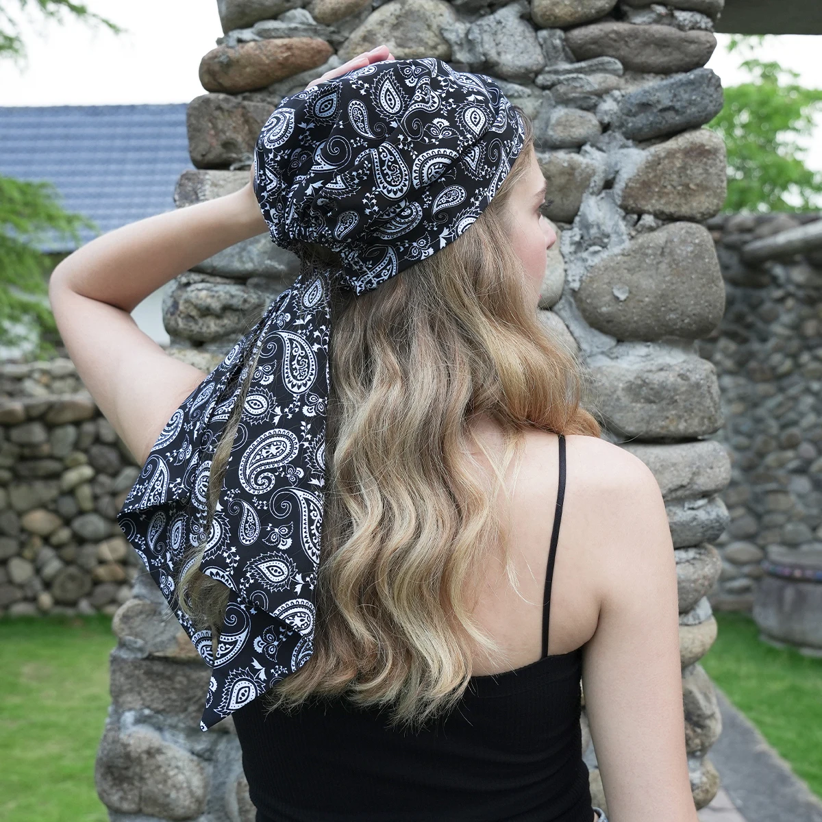 AWAYTR Bohemia Printed Satin Silk Hat Cap Hijab Scarf Headband Women Hat Turban Cap Silky Bonnet Head Scarf Elastic Hair Band