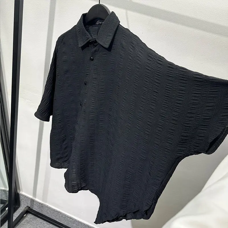 Summer Fashion Design Sense Asymmetric Fold Short Sleeve Shirt Popular Leisure Japanese Dark Style Batwing Top