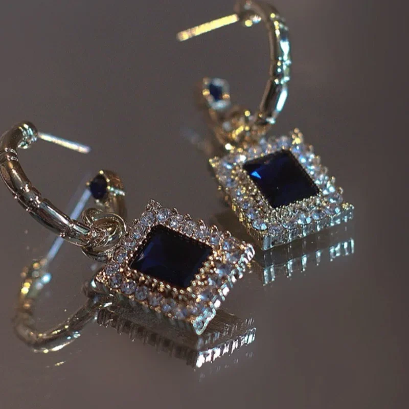 Dark blue retro square diamond earrings summer earrings high-end