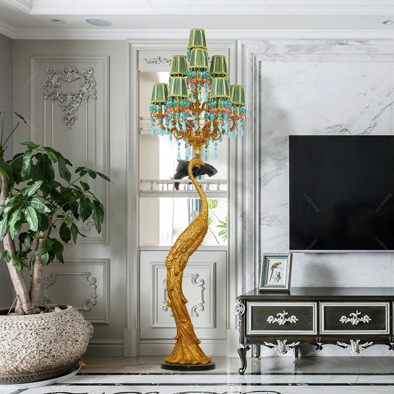 Jewelry Classic Antique Luxury Decoration Large Size Brass Peacock Standing Floor Lamp