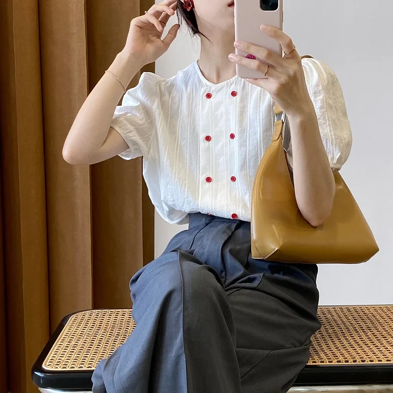 Loose Comfort Summer Short Sleeve T-Shirts Women Double Breasted O-Neck Chic Tops Solid Colors Commute Clothing Casual Shirts