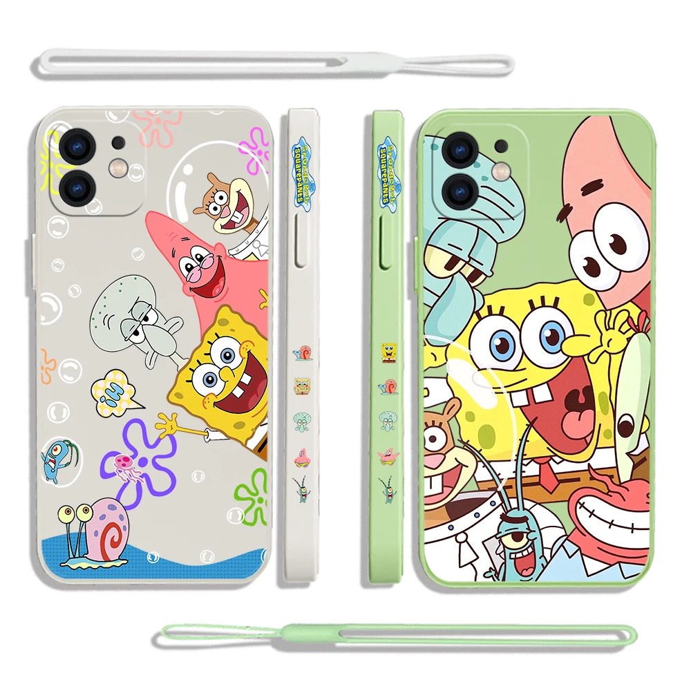 Cartoon SpongeBobs Best Friends Phone Case For iPhone 15 14 13 12 11 Pro Max Mini X XR XS SE 2020 8 7 Plus 6S Plus With Lanyard