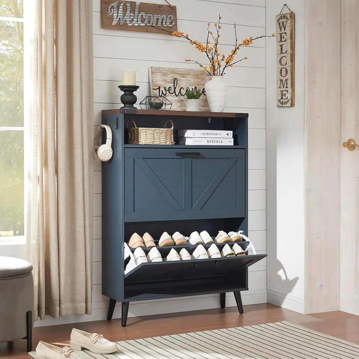 Farmhouse Shoe Storage Cabinet with 2 Flip Drawers & Open Storage, Customized