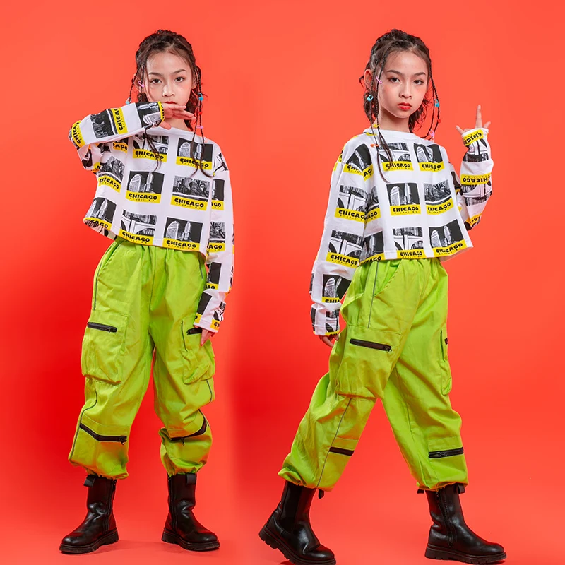 Kids Hip Hop Show Clothing Print Crop Tops Shirt Green Stage wear Tactical Cargo Pants for Singers Girls Dance Costume Clothes