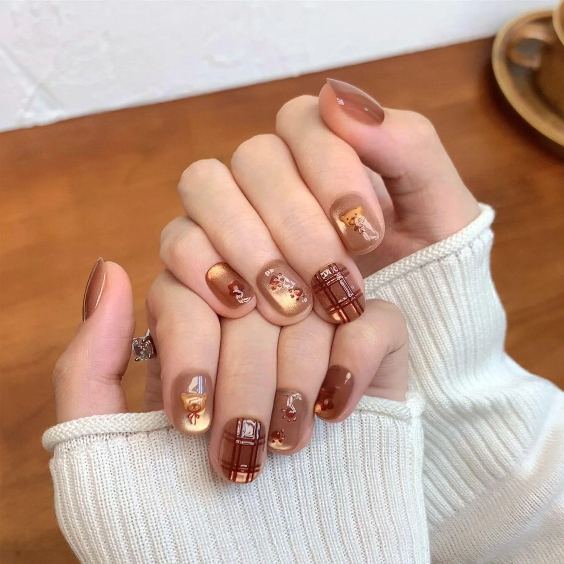 Short Medium fake nails for fall winter cat eyes shiny glossy square ballet tips brown rainbow golden press on false nail set