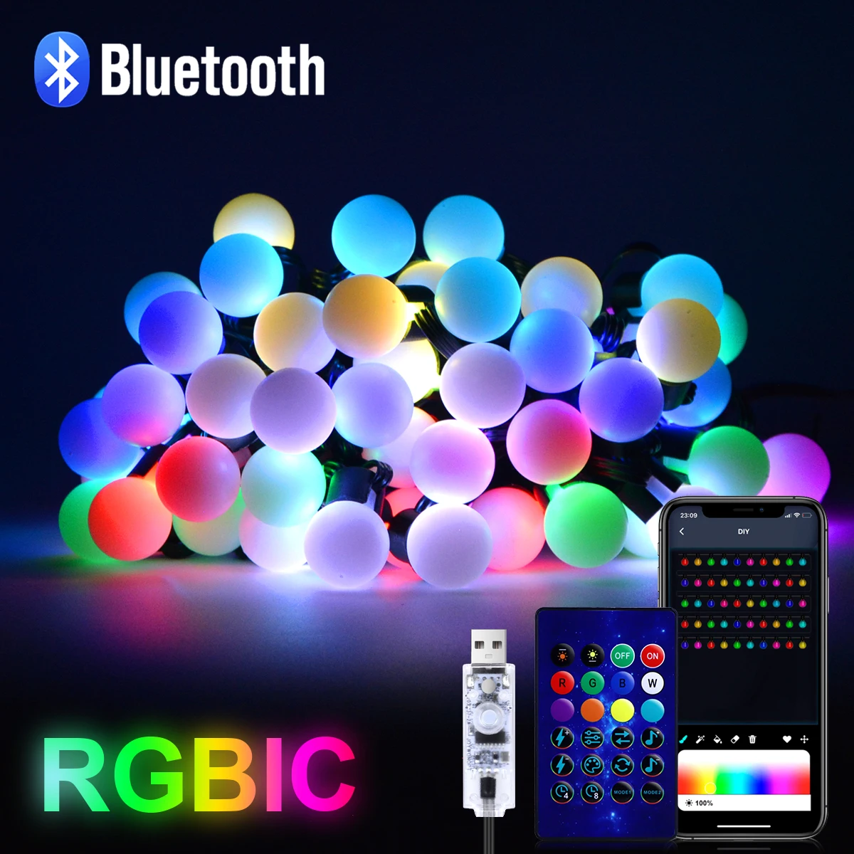 USB Bluetooth Kolorowe G18 LED String Light 10M 50 żarówek Festoon Fairy Lights Świąteczna sypialnia Dekoracja ogrodowa na zewnątrz Girlanda LED