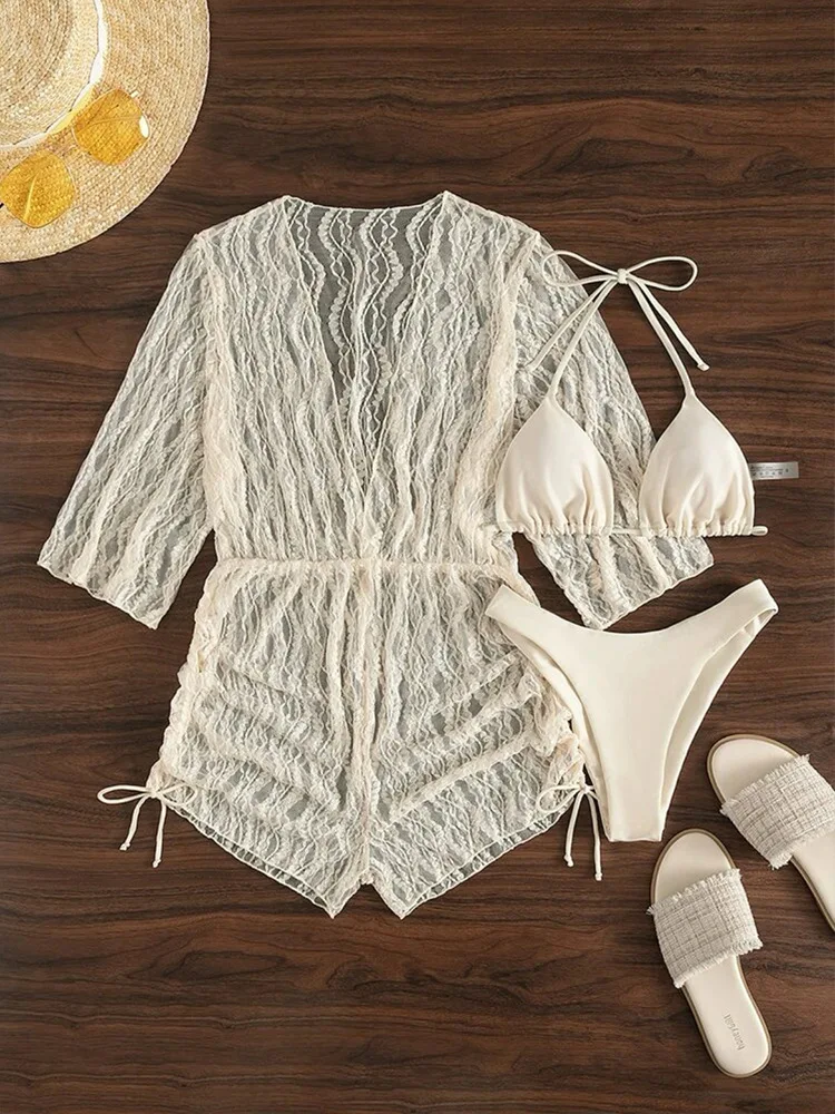 New Hot Sale Swimsuit with Long Sleeves Mesh Waist Cinch Print And Drawstring Three-Piece Fashionable Sunscreen Bikini