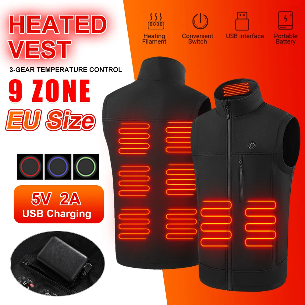 New 9 Areas Heated Vest For Men USB Powered 3 Gear Temperature Control Stand Collar Winter Warm Vest For Outdoor Hiking Camping