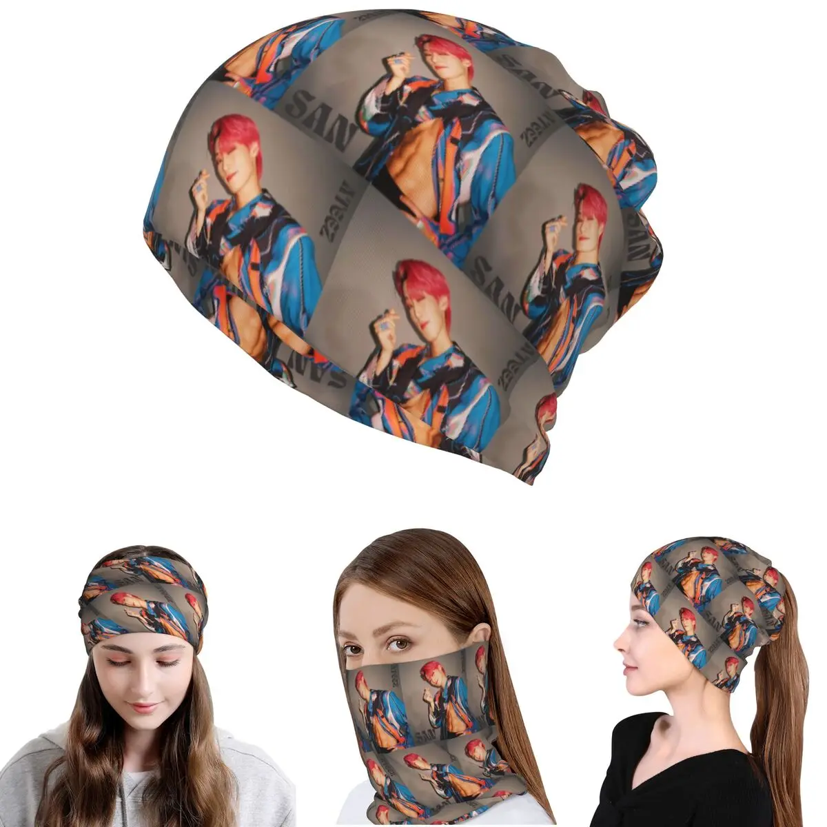 Choi San Ateez Bandana Neck Cover Face Scarf Multi-use Cycling Scarf Beanies Hat for Men Women Adult Winter