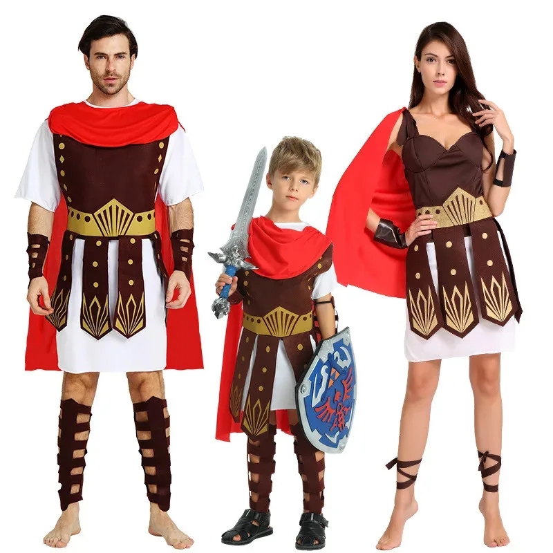 

Men Women Ancient Roman Warrior Gladiator Costume Greek Knight Julius Caesar Cosplay Cloth Adult Kids Halloween Purim Props