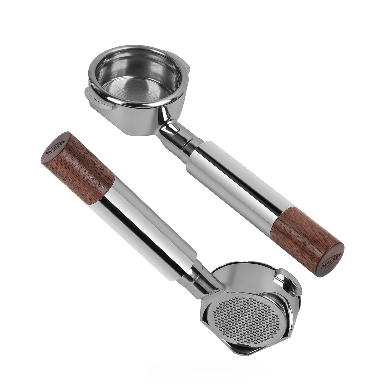 IKAPE Openwork Bottomless Portafilter, Handle made of stainless steel and walnut with High Extraction Precision Basket, Silver