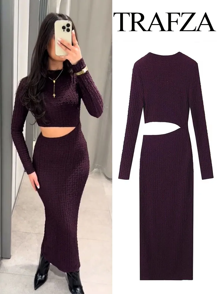 TRAFZA Women New Fashion Texture Crop Hollow Midi Dresses Female Spring Solid O-Neck Long Sleeves Elasticity Slim Dress Mujer