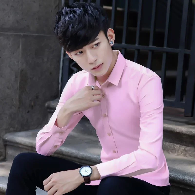 

Clothing Plain Formal Dress Shirt Man Tops Red Shirts and Blouses for Men S New in Vintage Korean Style Hipster Slim Fit Regular