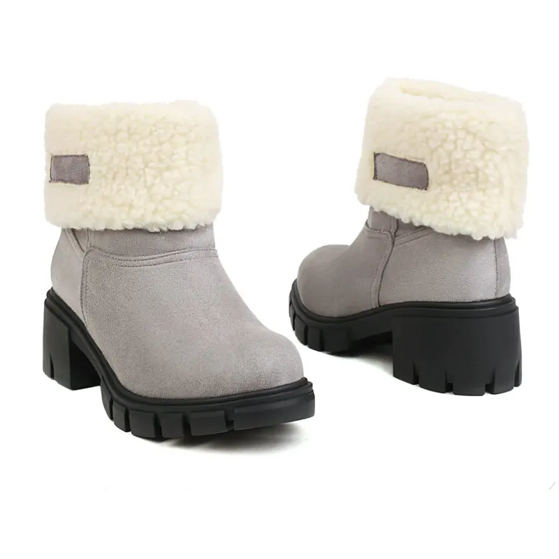 2022 Winter Warm Thick Faux Fur Lined Platform Square Chunky Med Heels Womens Snow Boots Plush Inside Heat Warmer Ankle Shoes