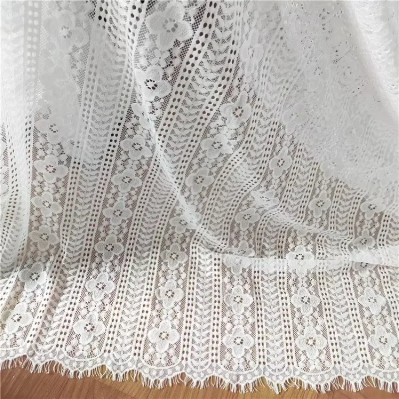 3meters Long White Lace Fabric with Hollow Out Eyelash Trim and Clover Floral Pattern for Dress Skirt Wedding Party Gown