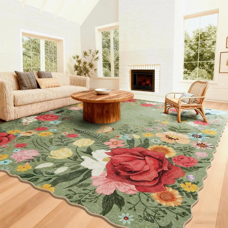large-area-rug-for-living-room-green-vintage-floral-scalloped-bedroom-carpet-machine-washable-non‑slip-coffee-table-floor-mat