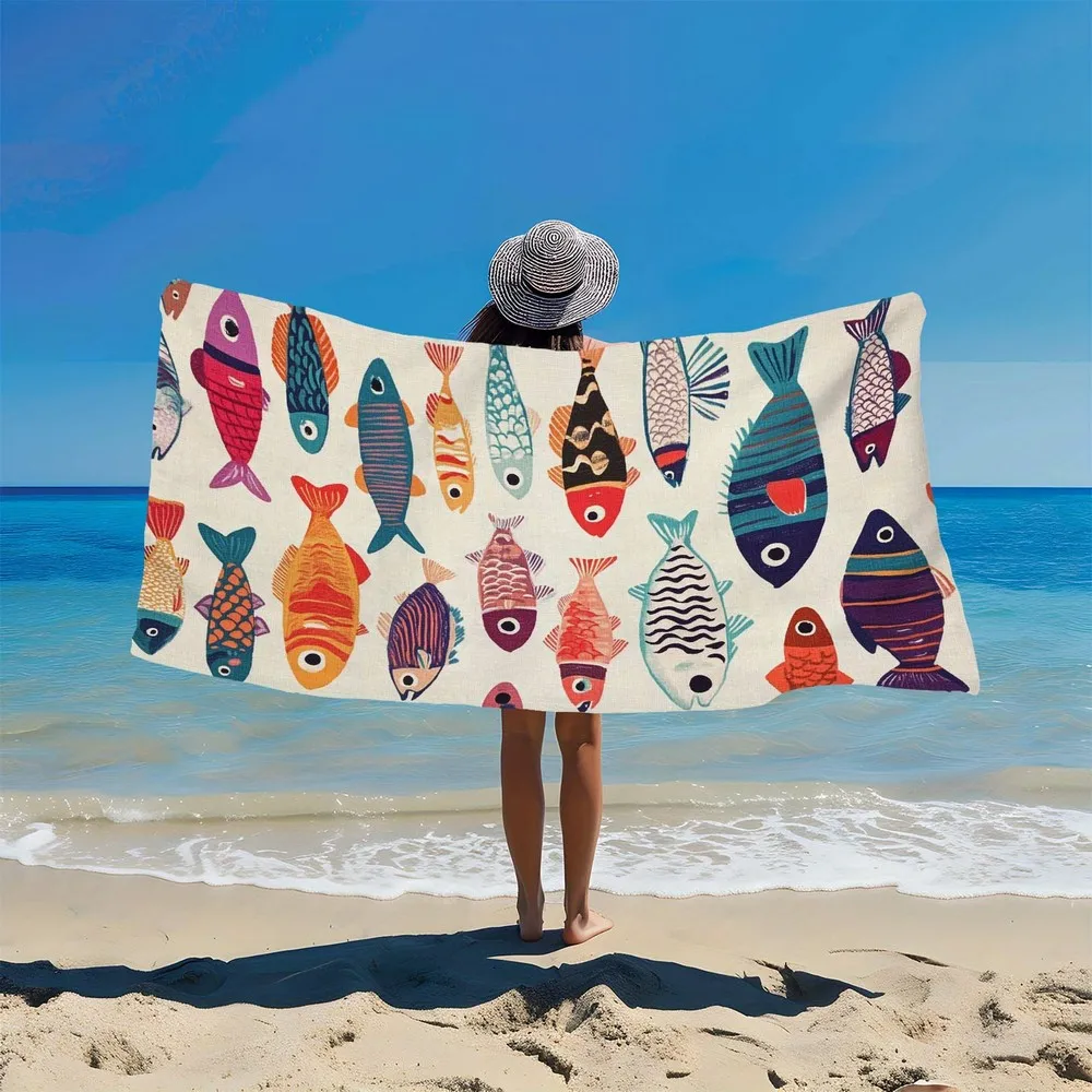 Vibrant Cute Fish Print Beach Towel Patterned Sunscreen Windproof Suitable For Swimming Pool Camping Travel Blanket