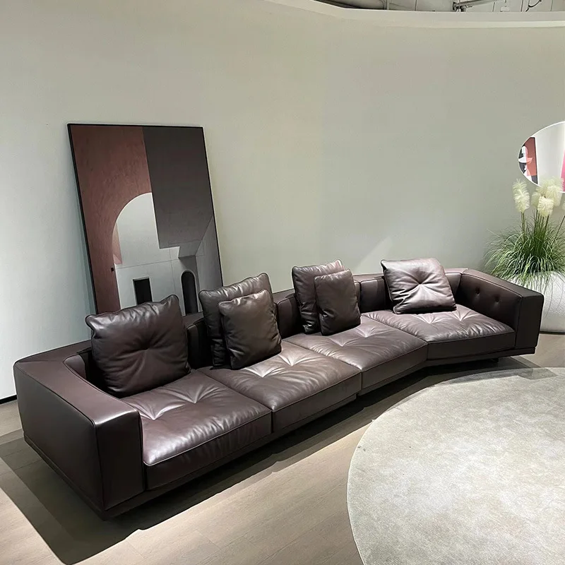 Italian minimalist first-floor cowhide villa living room special-shaped corner leather straight row of three people