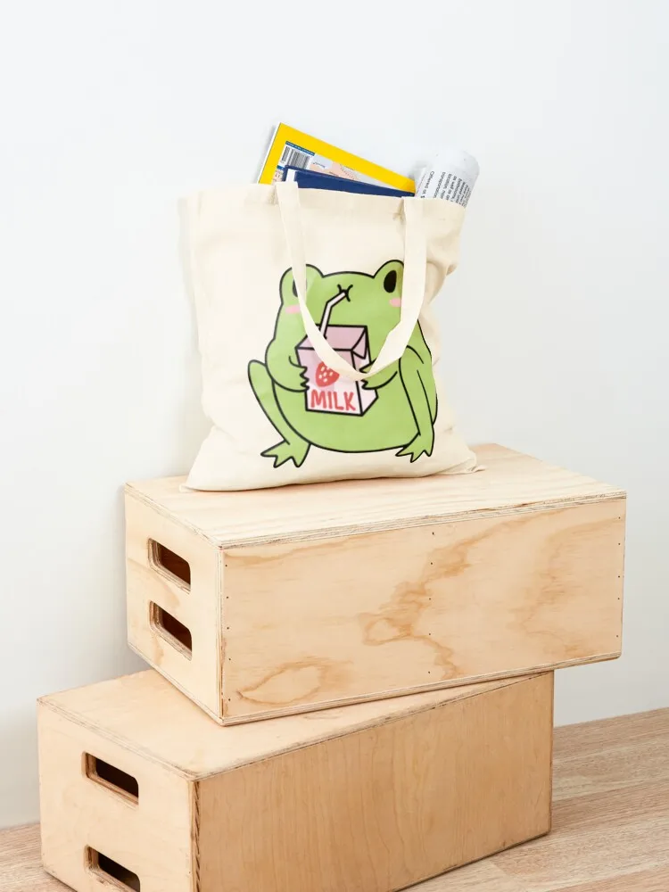 Froggie sipping a milk box Tote Bag shopper bag women canvas tote bag university eco folding shopper woman