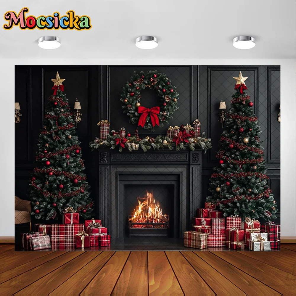 Mocsicka 사진 배경 검은 벽난로 화환 장식 가족 크리스마스 휴일 초상화 사진 배경