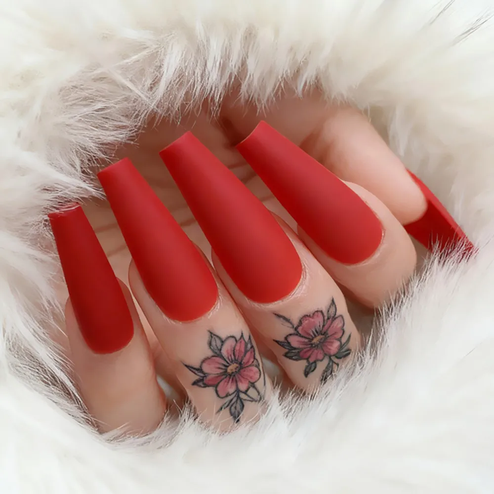 24개 무광 레드 프레스온 네일 (접착제 포함) 짧은 관 모양 손톱 팁 DIY 아크릴 인조 손톱 여성용 매니큐어 도구