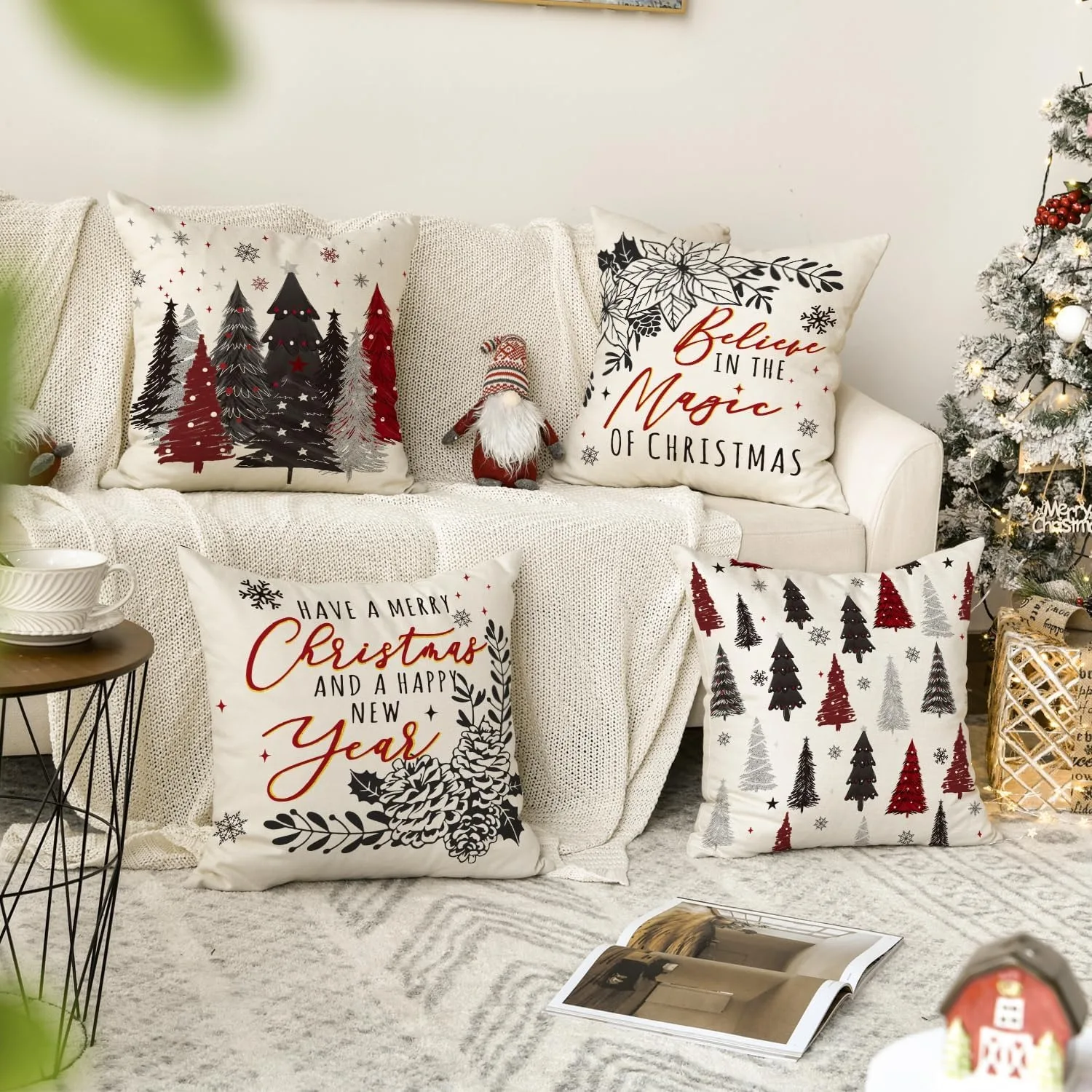 Christmas Trees Snowflake Throw Pillow Covers, Xmas Winter Holiday Cushion Case Decoration for Sofa Couch Set of 4