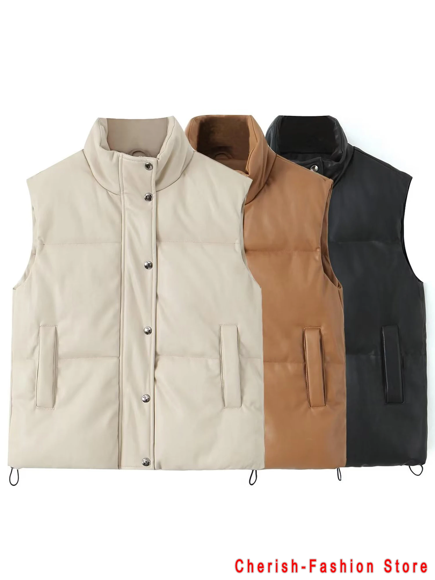 Mode Streetwear Vrouwen Gezwollen Vest Winter Dik Parkas Jasje Zwart Pu Dames Jassen Faux Lederen Donsvest Losse Dame Vest