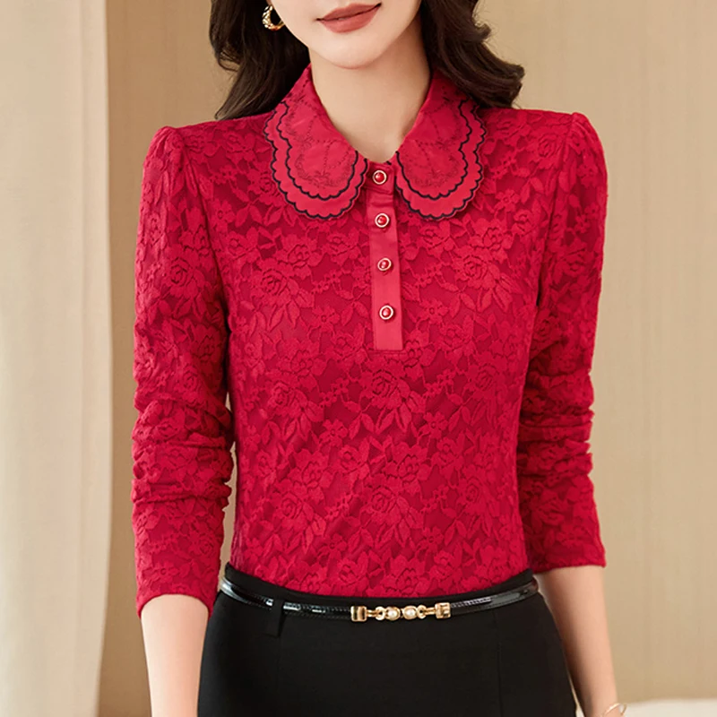

Wine red long sleeved shirt women's autumn and winter new high-end fashion plus size lace slim fit lapel casual top
