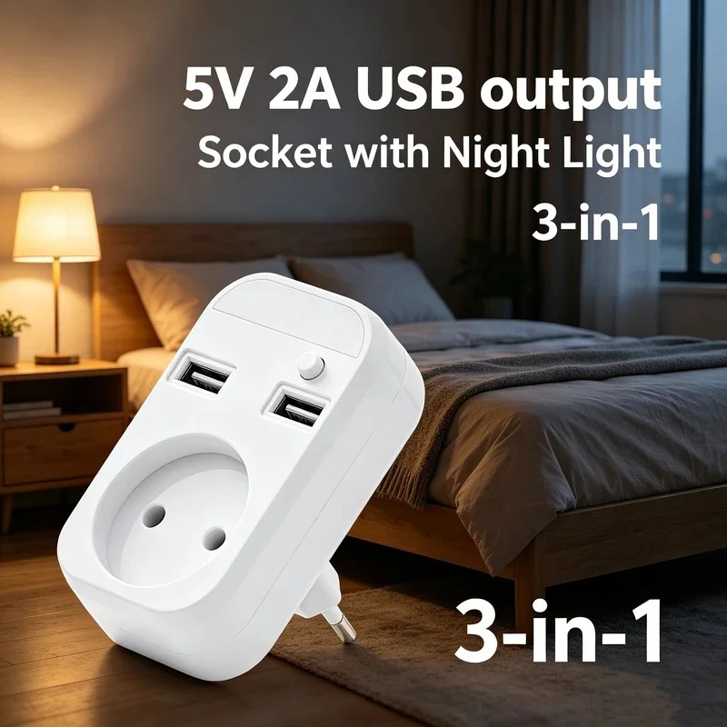 5V 2A Dual USB Ports EU Plug Adapter With EU Socket 2 USB Ports 5V 2A With Night Light 3‑In‑1 Power Outlet