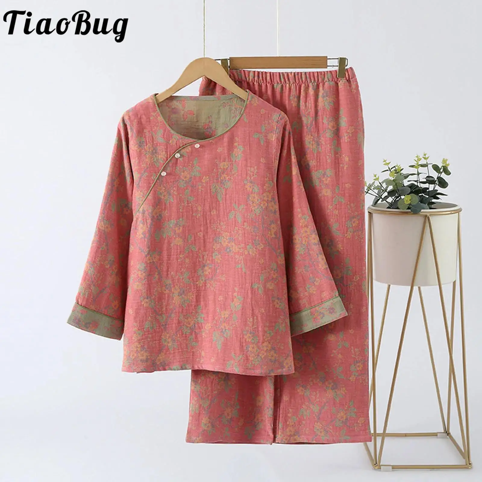 

Womens Traditional Jacquard Pattern Outfit Loungewear Long Sleeve Pullover Shirt and Elastic Waistband Pants Pajamas Homewear