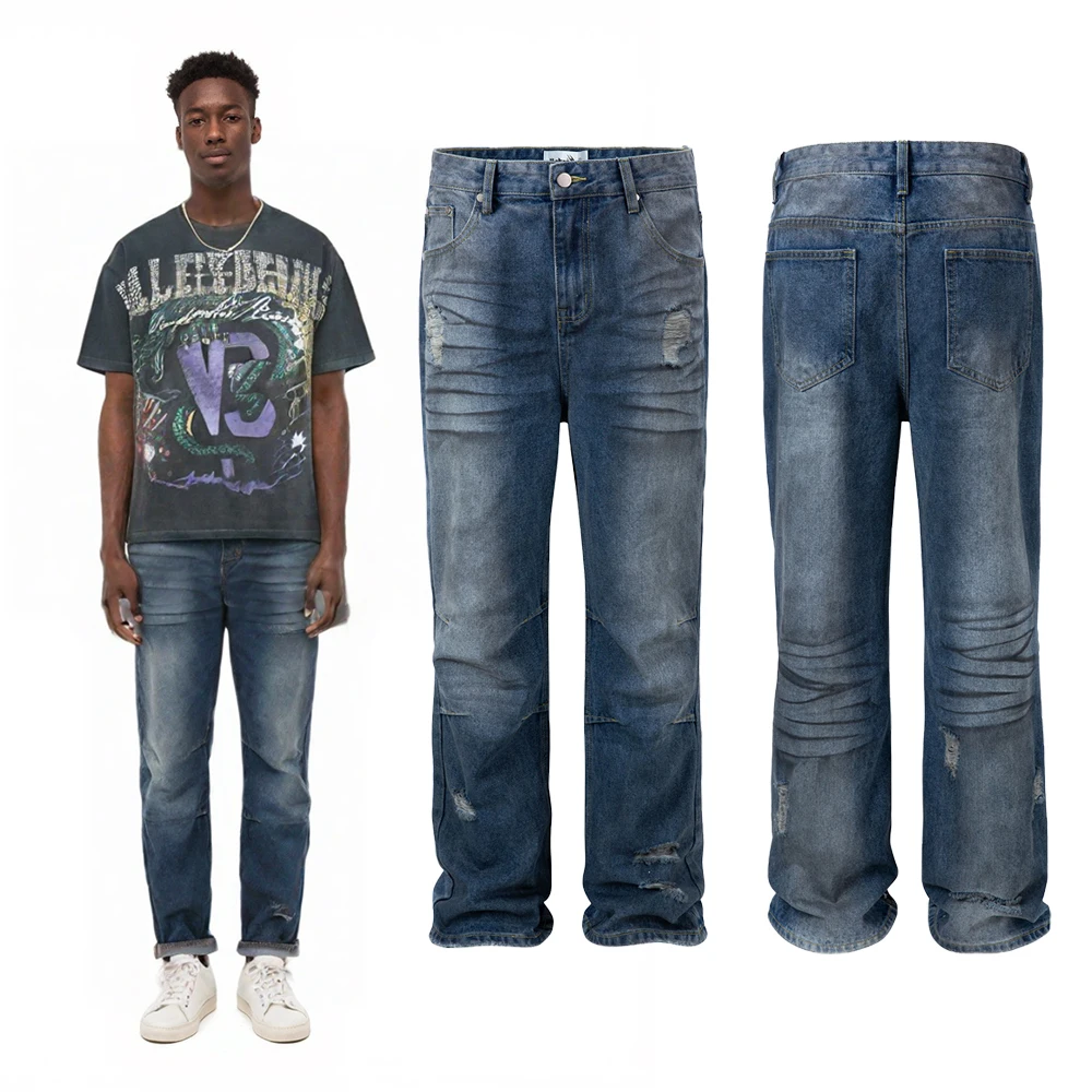 ملابس للرجال ملابس الشارع الشهير ثنيات جينز هيب هوب ريترو المتعثرة نمط الشارع عادية ممزق السراويل الفضفاضة روك إحياء الجينز