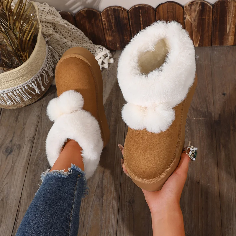 Women's winter thick-soled snow boots, fleece-lined thick short-leg cotton boots, height-increasing warm bread boots