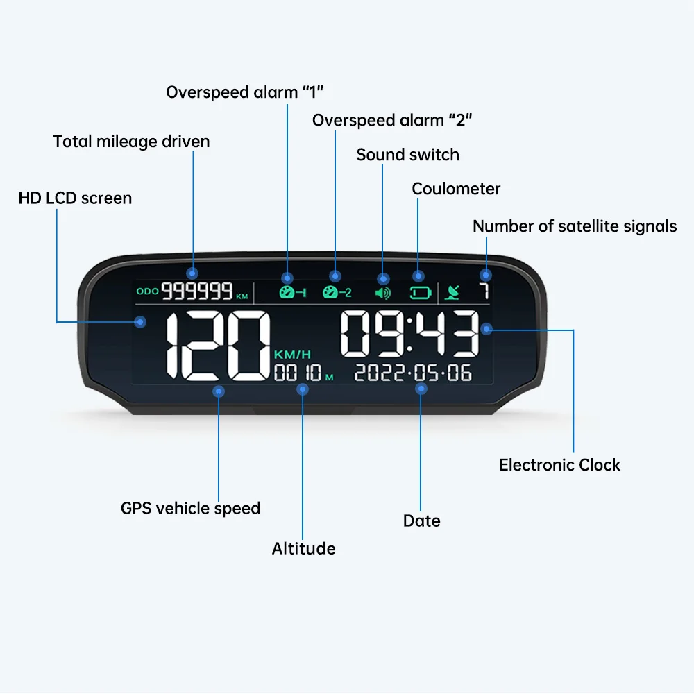 Head-Up-Display Neues Auto-Messgerät X100 Solar Drehzahlmesser mit Höhen- und Geschwindigkeitsalarm Windschutzscheiben-Projektor GPS Multifunktion X98 – Detail 13