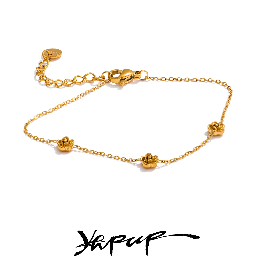 Yhpup Fashion Stainless Steel Rose Flower Chain Bracelet Bangle Rust Resistant Metal Minimalist Wrist Trendy Jewelry Wholesale