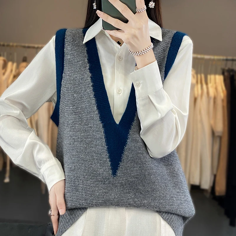 Autumn And Winter 100% Merino Wool Matching Color V-Neck Women\'s Casual Pullover Sleeveless Vest Sweater Loose New Style