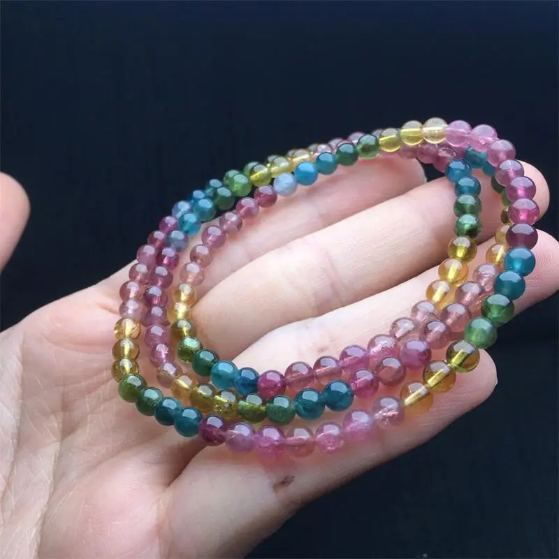 4.6MM Natural Tourmaline Triple Circle Bracelet Fashion Reiki Gemstone Round Beads Jewelry Couple Gift 1PCS