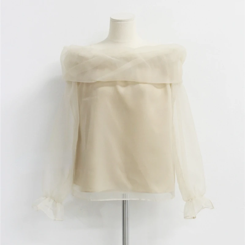 Slash Neck Blouses Women Patchwork Tender Chic Pure Casual Spring Elegant Flare Sleeve Simple Slim Korean Style All-match Ins