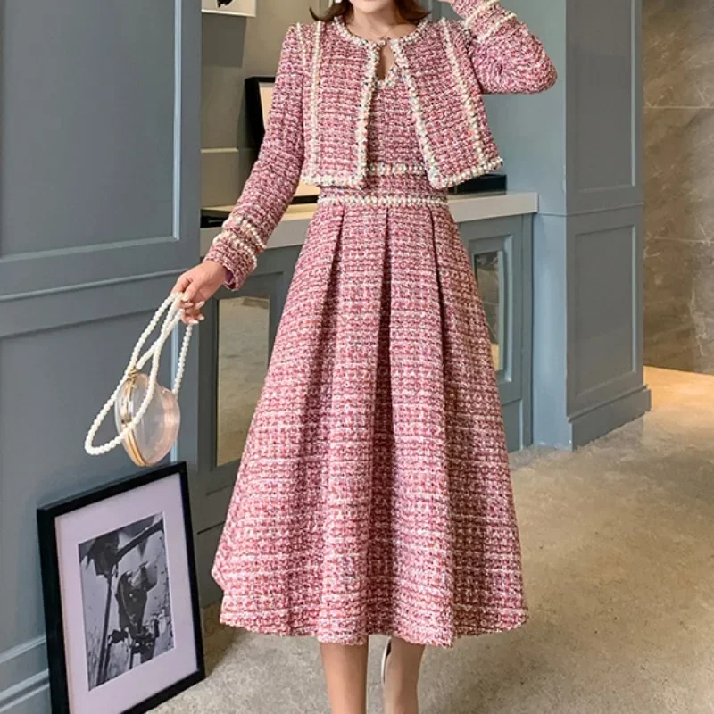 Vintage engrossar tweed jaqueta + miçangas vestido feminino inverno outono elegante 2 peça define feminino pista design vestido conjuntos