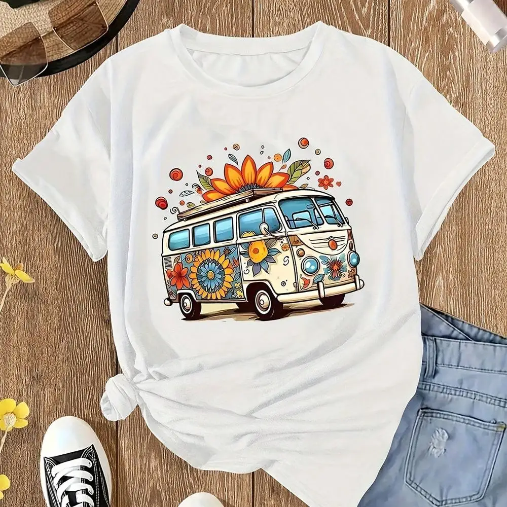 Women s Solid Color Crew Neck Short Sleeve Bus Print Casual Loose T-Shirt White Summer