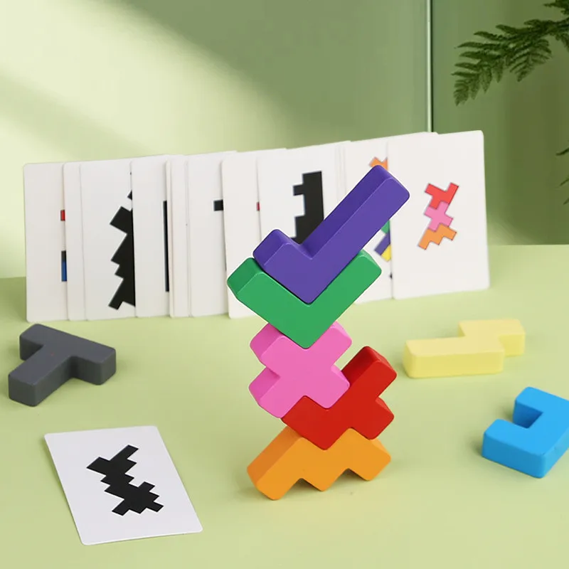 Wooden Shadow Matching Puzzle, With Colorful Wooden Building Blocks And Double-sided Cards，Geometric Shape Sorting Toy for Kids