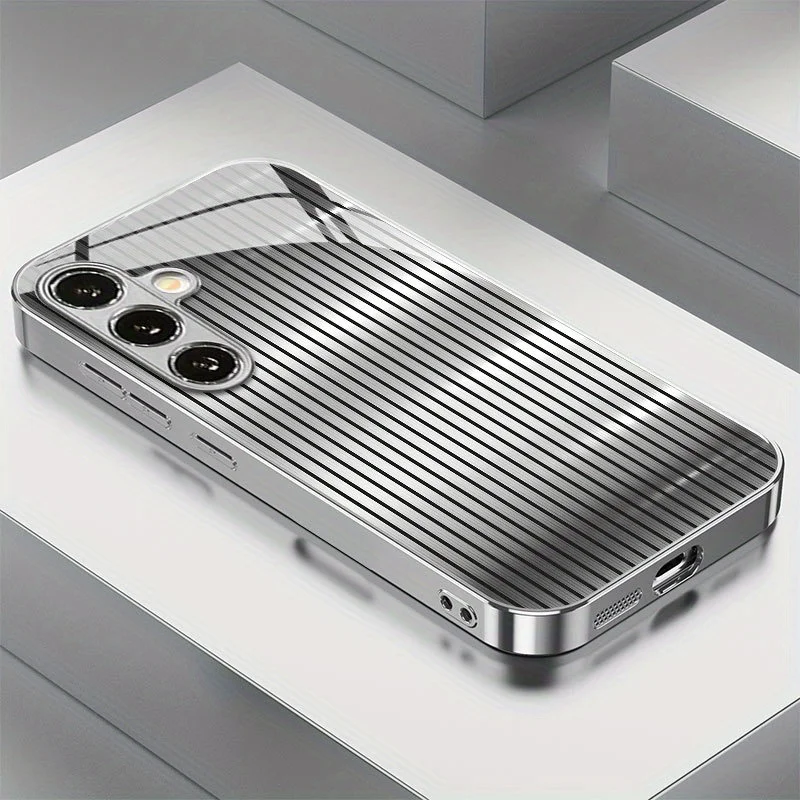 Metal stripe pattern glass phone case suitable for Samsung Galaxy S26 S25 S24 S23 S22 S20 FE/Ultra/Plus anti drop back cover