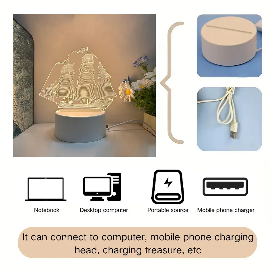1 ชิ้น USB-powered 3D เรือใบสร้างสรรค์ nightlight, บ้าน, โต๊ะ, ตกแต่งห้องนั่งเล่น, ของขวัญวันเกิด nightlight