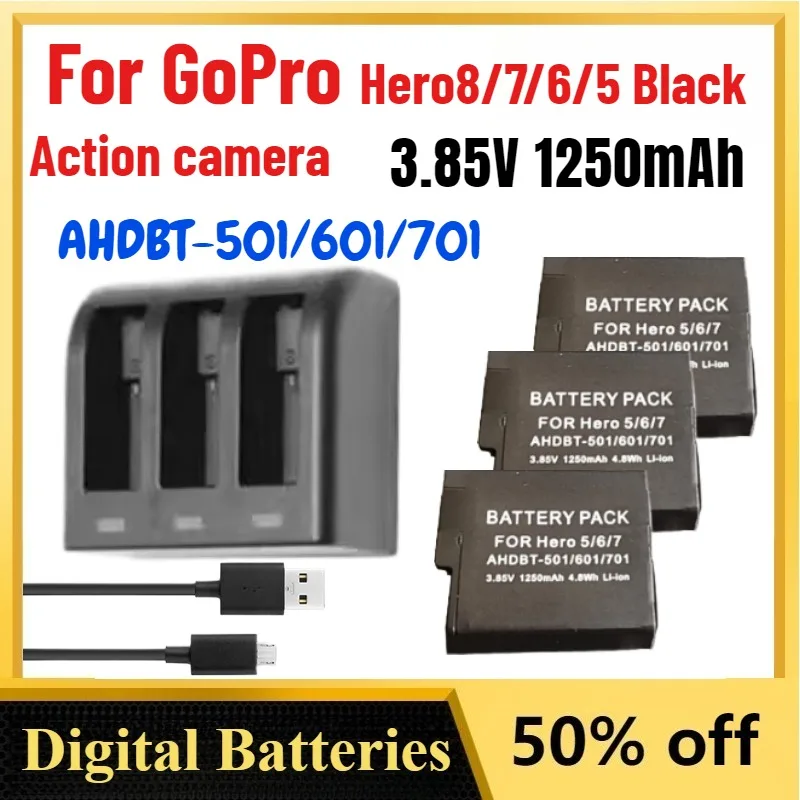High-Quality 3.85V 1250mAh AHDBT-501 AHDBT-601/701 Battery for GoPro Hero 8/7/6/5 Black Action Camera+3-Slots USB Charger
