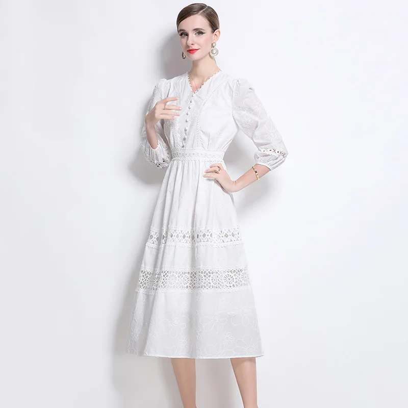 

French White Lace Embroidered V-Neck Long Sleeved Women Dress Elegant Slim Hollow Out Vintage Party Dress Vestidos